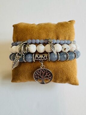 Handmade Tree of Life Stretch Bracelet Set Blue White Beaded Stack Gift Box